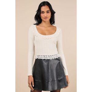 Lulus Coquette Appeal Cream Pointelle Lace Long Sleeve Top White - Size M
